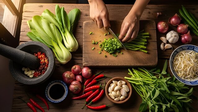 Overhead shot depicts a person skillfully chopping vibrant green water spinach on a wooden cutting board, surrounded by fresh ingredients like bok choy, shallots, garlic, and chili peppers 