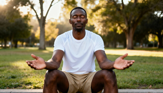 Black man meditating outdoors in a park with eyes closed. Spiritual male practicing mindfulness and yoga for well-being. Concept of faith and relaxation in nature
