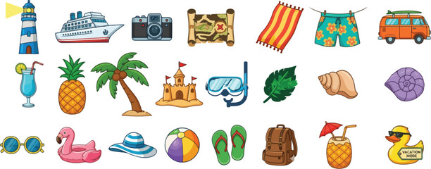 Collection of colorful watercolor illustrations of summer vacation and beach items