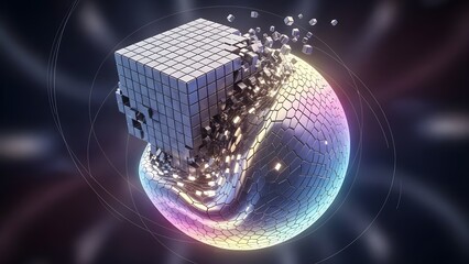 A captivating digital rendering showcasing a cube disintegrating into smaller fragments as it interacts with a sphere composed of interconnected hexagonal tiles, all set against a gradient background