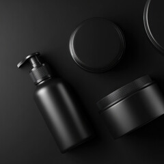 Matte black cosmetic container pump bottle and jars on dark surface, minimalist studio product still life with moody tone