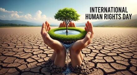 International human rights day concept with hands holding a tree in desert