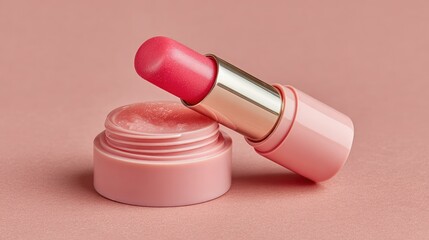 Moisturizing Pink Lip Balm and Lipstick on Soft Pastel Background