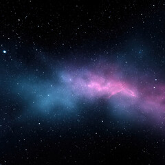 Obraz premium Blue nebula pink galaxy across starry sky with distant stars and cosmic haze