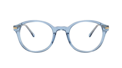 Stylish light blue eyeglasses isolated PNG on transparent background, fashionable eyewear with round frames for vision correction and trendy look