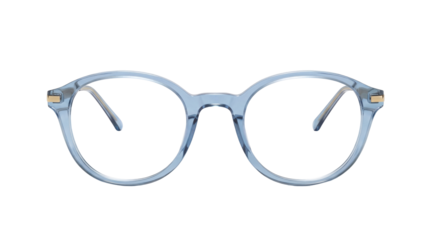 Stylish light blue eyeglasses isolated PNG on transparent background, fashionable eyewear with round frames for vision correction and trendy look