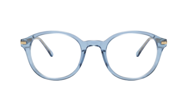 Stylish light blue eyeglasses isolated PNG on transparent background, fashionable eyewear with round frames for vision correction and trendy look