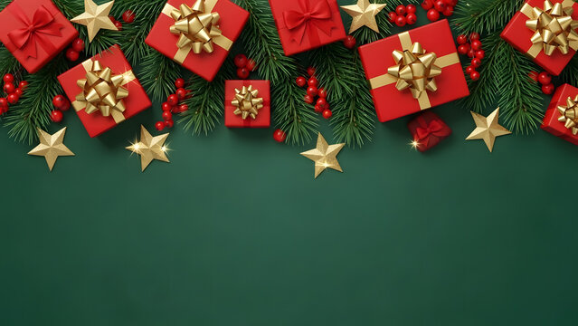 Festive christmas gifts and decorations on a green backdrop, presents a cheerful and holiday-themed image. Presents with red wrapping, and gold bow