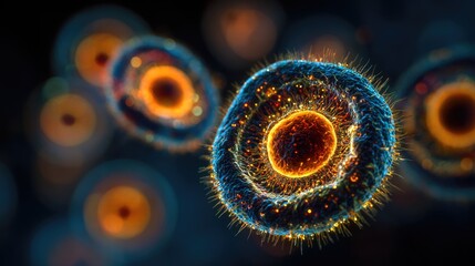 Vibrant Microscopic Cellular Structure with Glowing Orange Core