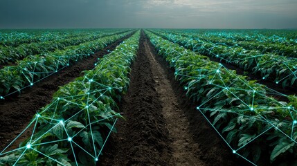 Smart Agriculture Field With Digital Network Overlay