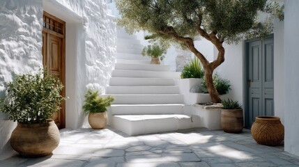 Fototapeta premium Beautiful entrance of an apartment in greece with white walls, stairs, and plants, pots with olive trees, stone floor, on a beautiful, sunny day. 