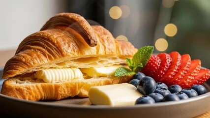 Golden croissant with fresh berries butter and mint leaf breakfast pastry - Powered by Adobe
