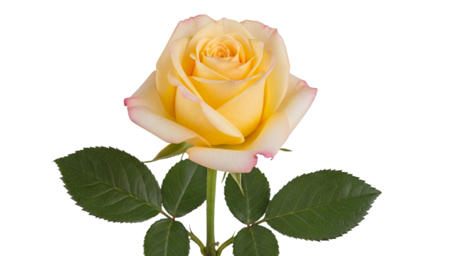 Beautiful yellow rose with pink edges isolated PNG, elegant flower blossom on transparent background for wedding invitations and romantic designs