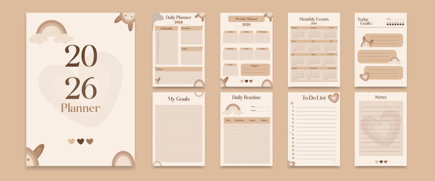 2026 Planner Printable Bundle of Cute Aesthetic Daily, Weekly and Monthly Templates, vector illustration.