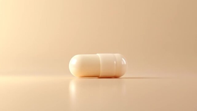 A beige capsule lies horizontally, casting a reflection against a monochrome, smooth, cream-colored backdrop