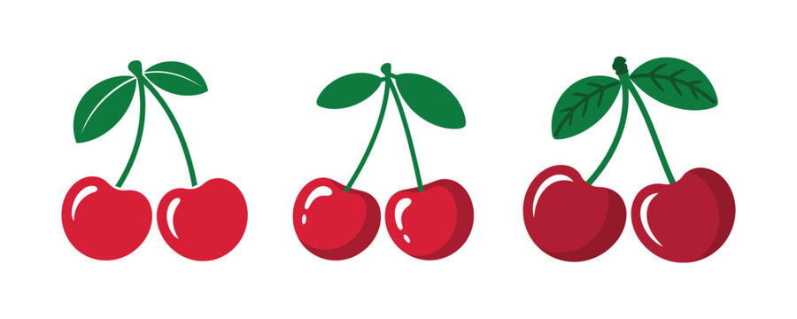 Three stylized cherry icons variations with stems and leaves vector illustration fruit set.