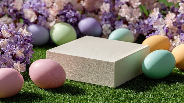 Pastel Easter Eggs and Decorative Box on Green Grass with Spring Flowers