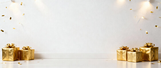 Golden Christmas gifts with falling confetti on a white background. Holiday celebration concept with presents and festive lights. Banner with copy space for text