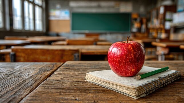 Classic School Classroom Interior with Red Apple on Teacher’s Desk
