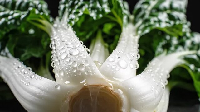 Fresh raw bok choy cabbage with glistening water droplets on its white stems and green leaves against a dark background.