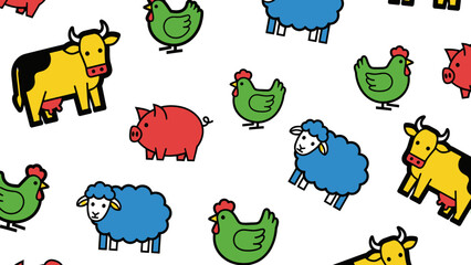 Obraz premium Cartoon Farm Animals Pattern Colorful Livestock Illustration Background