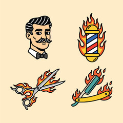 Fiery Barbershop Icons Set: Retro Gentleman Portrait, Flaming Pole, Scissors, and Razor Tattoo Art