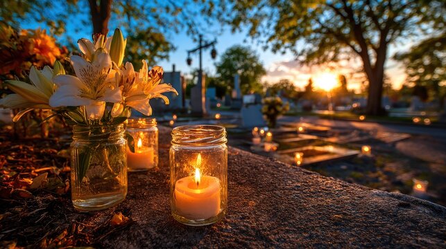 Cemetery Memorial with Flowers and Candles at Sunset