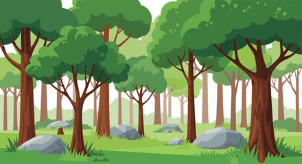 Obraz premium A vibrant cartoon illustration of a lush green forest with tall trees, various plants, and scattered rocks, depicting a peaceful natural landscape.