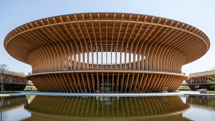 A modern architectural structure with a unique design and wooden elements, reflected in a serene body of water. The building showcases innovative architectural techniques and creative aesthetic