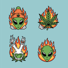 Psychedelic Flaming Cannabis Stickers Set: Alien, Weed Leaf, and Bong Tattoo Flash Art