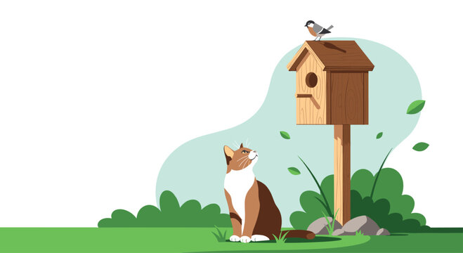 A curious domestic cat observes a small bird perched on a wooden birdhouse in a lush green garden setting with falling leaves.