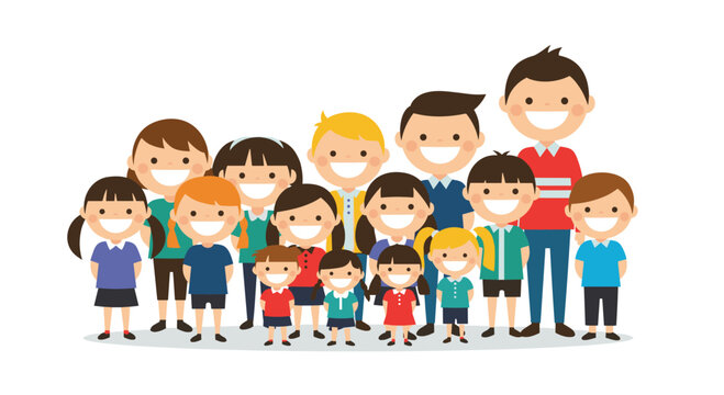 A diverse group of happy children and adults smiling and standing together, representing education, community, or friendship.