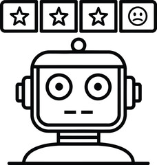 Robot with three star rating and one sad face in black and white line art illustration style