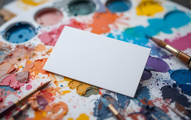Artist's Workplace: Blank Business Card Mockup on a Messy Paint Palette