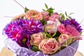 Mixed bouquet with colorful roses, chrysanthemums, gerbera, orchids