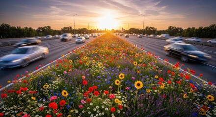 Highway flowers bring nature to transportation routes. Highway flowers, along with surrounding vehicles and trees, create an unexpected contrast of nature and technology during sunset.