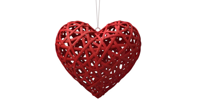 Red woven heart decoration, isolated on transparent background