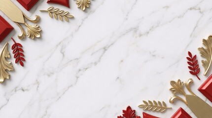 Shiny golden ball and ribbon ornaments on a festive red background, perfect for a Christmas or winter holiday celebration decoration