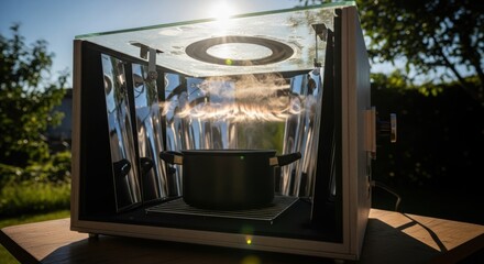Solar oven with cooking pot for outdoor use capturing sunlight. Eco friendly oven reflects sun's energy, offering sustainable cooking method for environmentally conscious individuals.