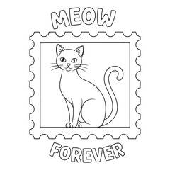 Naklejka premium Cute Cat Line Art Postage Stamp Illustration – Meow Forever Kitty Outline Drawing for Coloring, Kids Art, Stickers, and Graphic Design