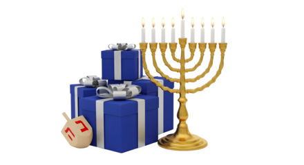 Hanukkah gifts and menorah 3d rendered, isolated on transparent background