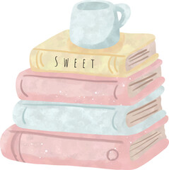 Watercolor Books Stack with Coffee Cup &ndash; Cozy Clipart