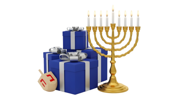 Hanukkah gifts and menorah 3d rendered, isolated on transparent background