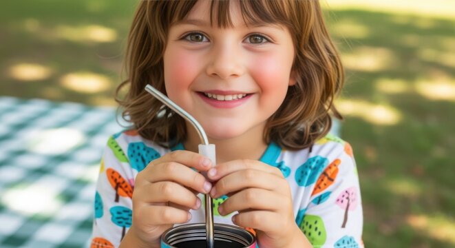 Smiling young girl drinks through reusable straw. Girl enjoys her beverage, using a sustainable alternative, promoting eco friendly practices and a healthy planet.