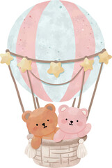 Cute Hot Air Balloon with Teddy Bears &ndash; Nursery Watercolor Clipart