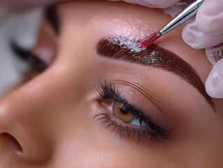 Close-up of a woman receiving eyebrow treatment, showcasing the application of dye with a brush, highlighting beauty and self-care in a serene salon environment