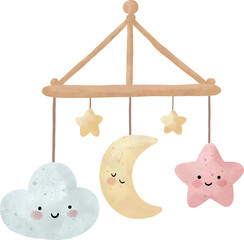 Watercolor Baby Mobile with Moon and Stars &ndash; Nursery Clipart