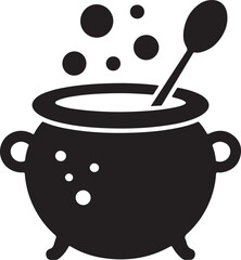 Cauldron vector icon with bubbling potion and stirring spoon for witchcraft or Halloween concepts