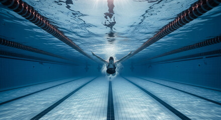 Swimmer Performing Butterfly Stroke Underwater in Competition Pool with Lane Lines