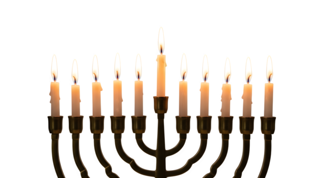 Lit Hanukkah Menorah, isolated on transparent background